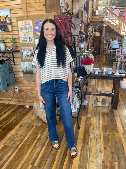 Striped Split Neck Collared Top Camel