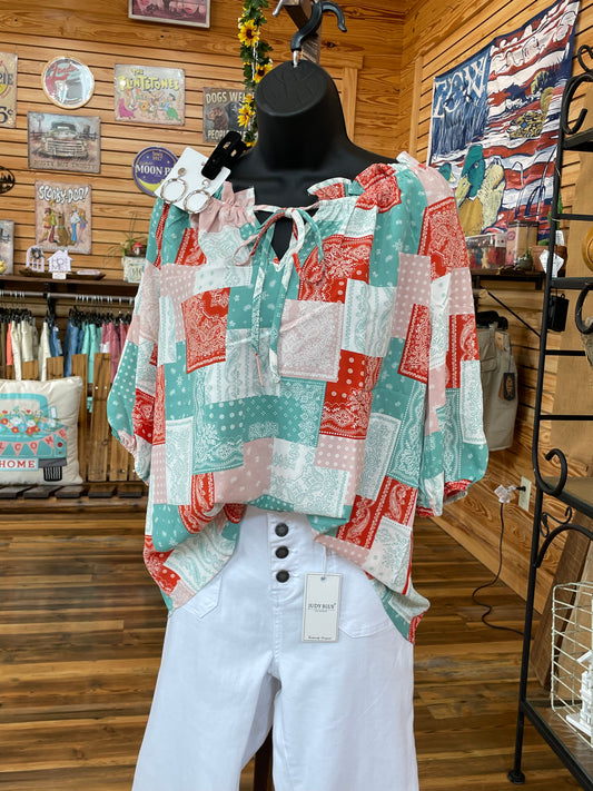 Square Pattern Ruffle Top Red