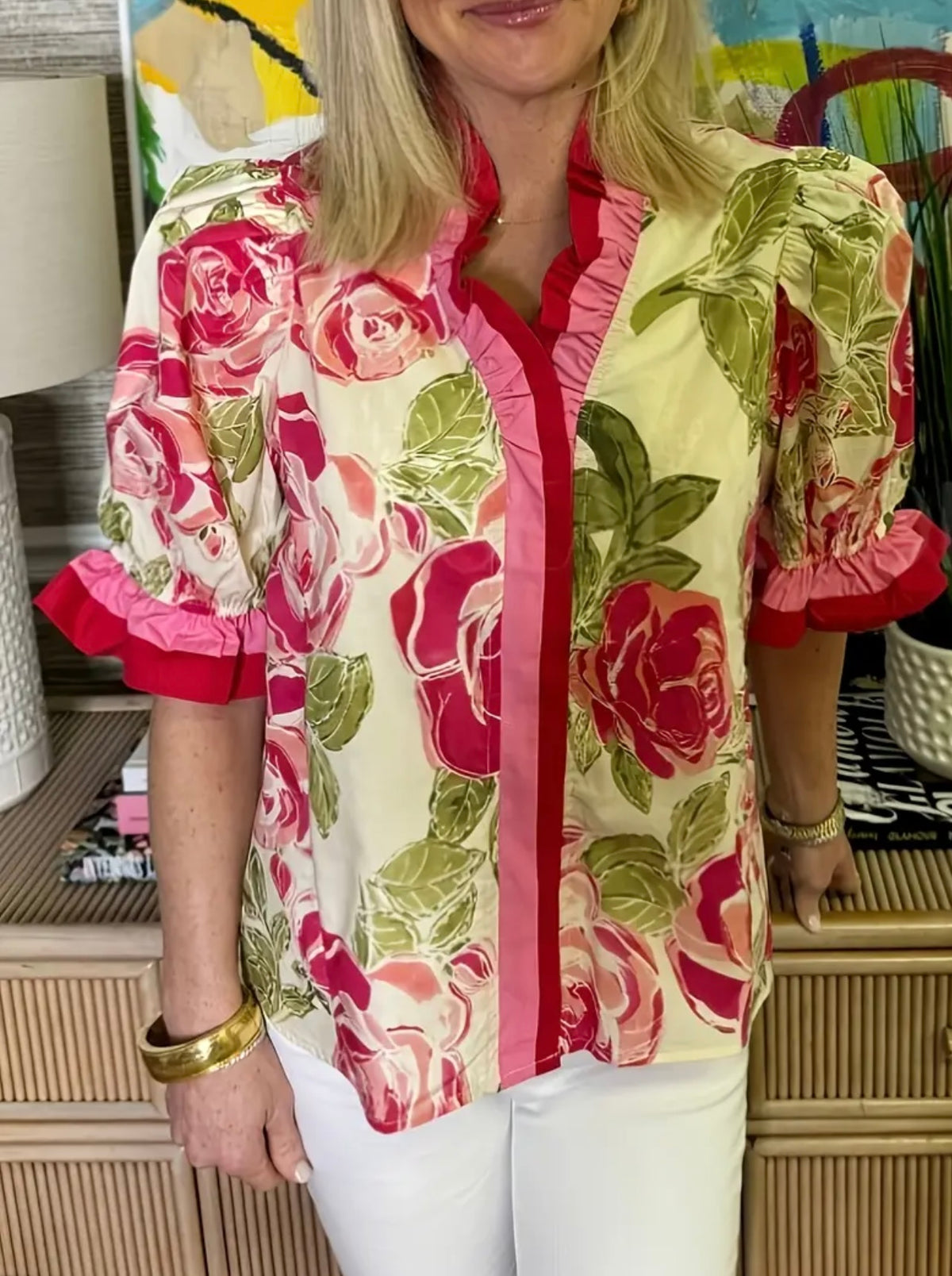 Floral Printed Pleated V Neck Top
