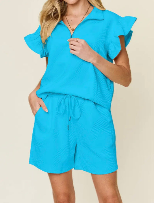 Textured Flounce Sleeve Short Set, Blue