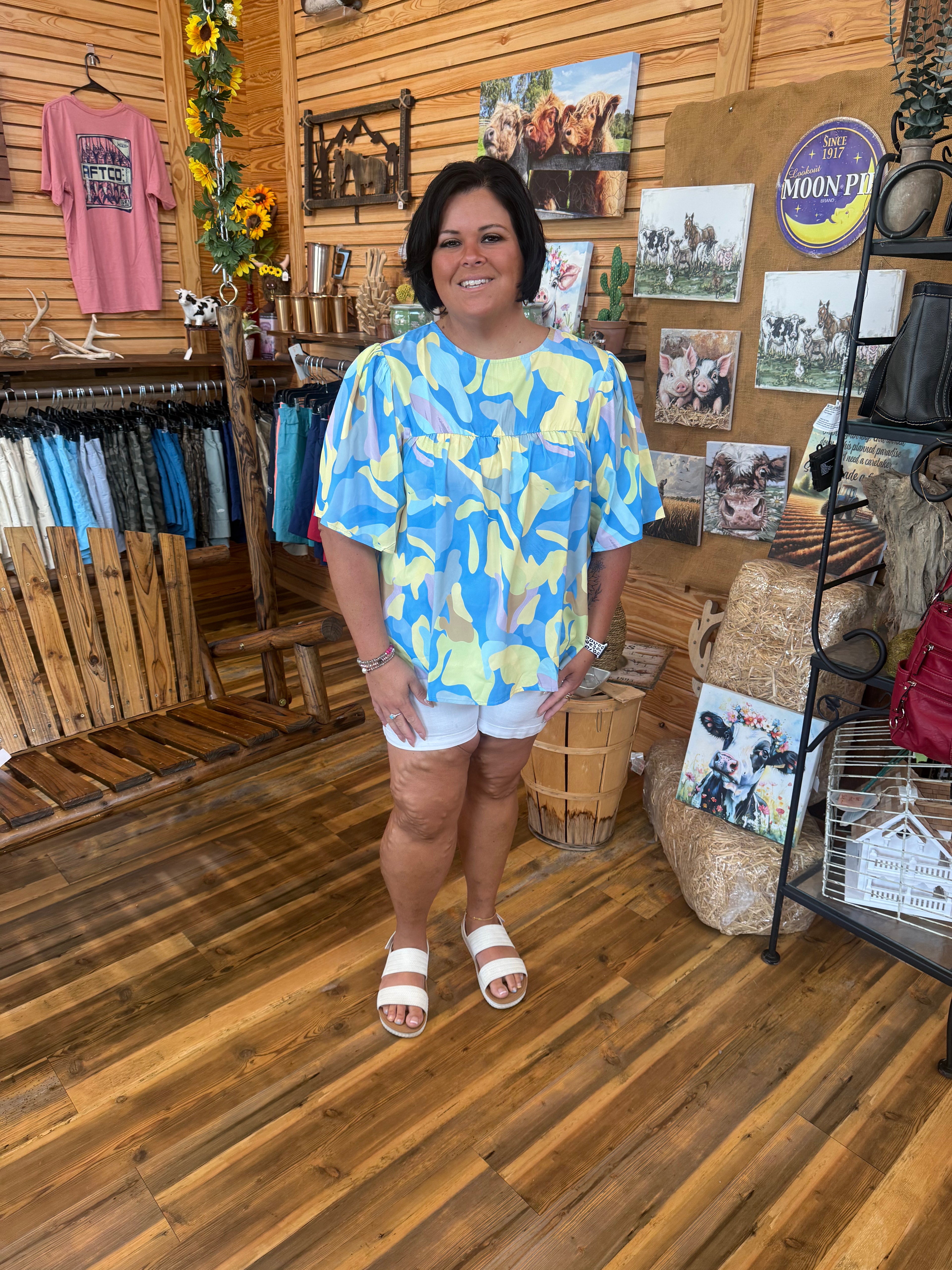Abstract Print Wide Sleeve  Blouse