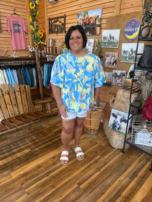 Abstract Print Wide Sleeve  Blouse