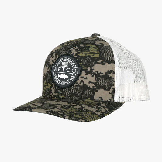 AFTCO Hat Bass Patch Trucker Camo Green