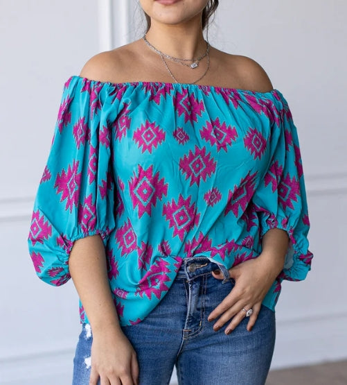 Plus Rustic Turquoise Off The Shoulder Top