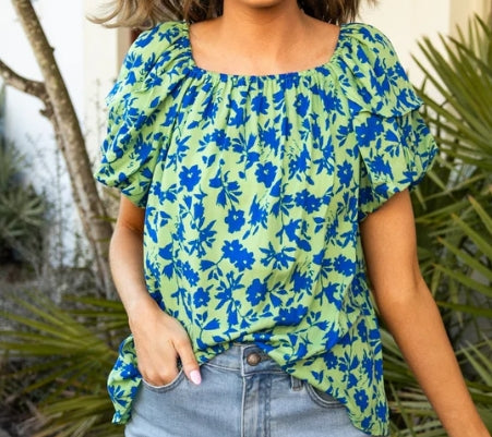 Blue/Green Floral Puff Sleeve Top