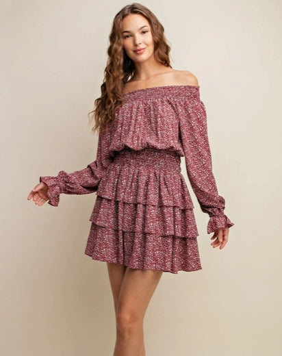 Smocked Neckline Tiered Mini Dress Burgundy