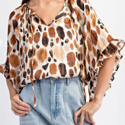 Brown Spotted Bell Sleeve Blouse