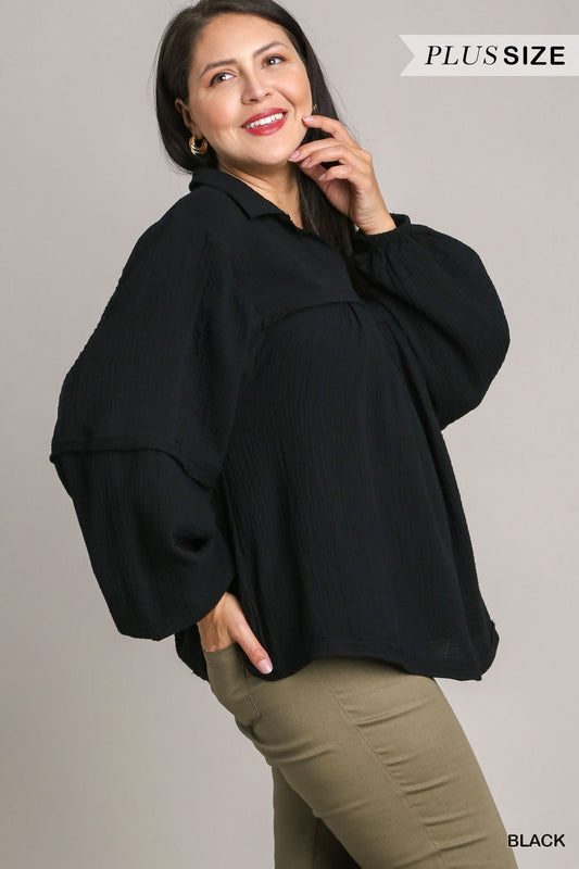 Plus Gauze V-Neck Top Black