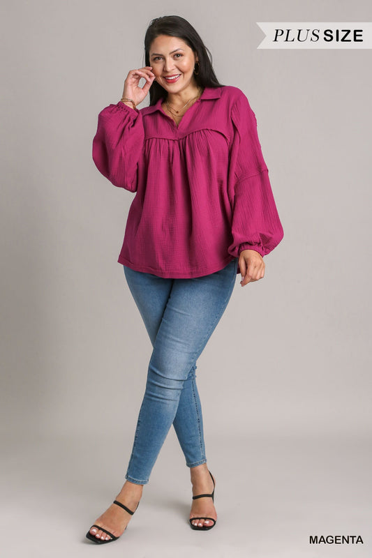 Plus Gauze V-Neck Top Magenta