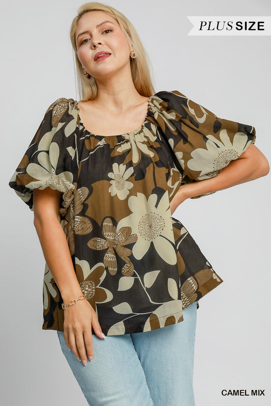 Plus Abstract Puff Sleeve Top Camel/Black