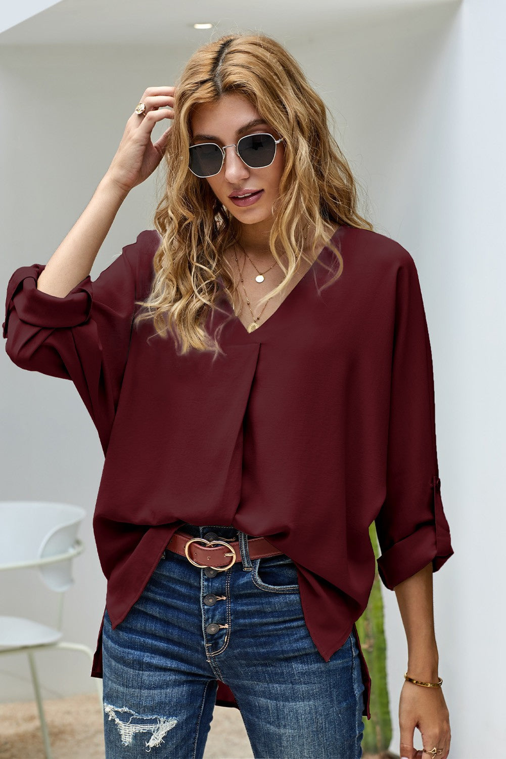 V Neck Top Wine