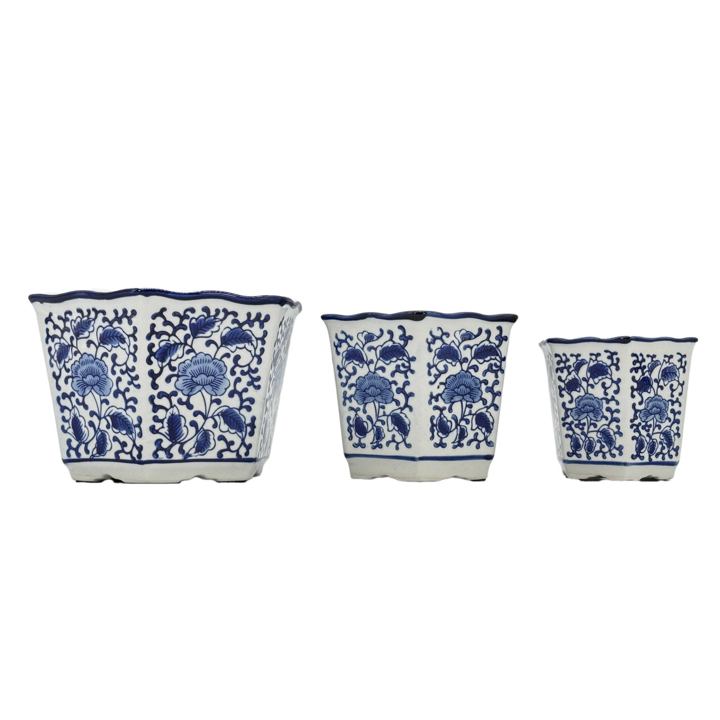 Blue & White Hexagon Floral Ceramic Ruffled Lip