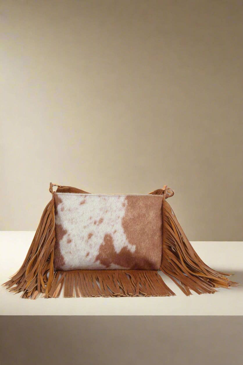 Suede Cow Print Fringe Crossbody: Brown
