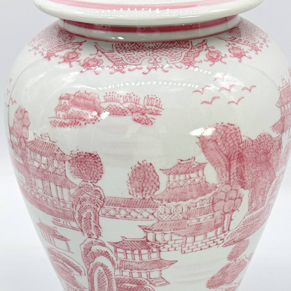 Pink & White Chinoiserie Ceramic Jar 18"