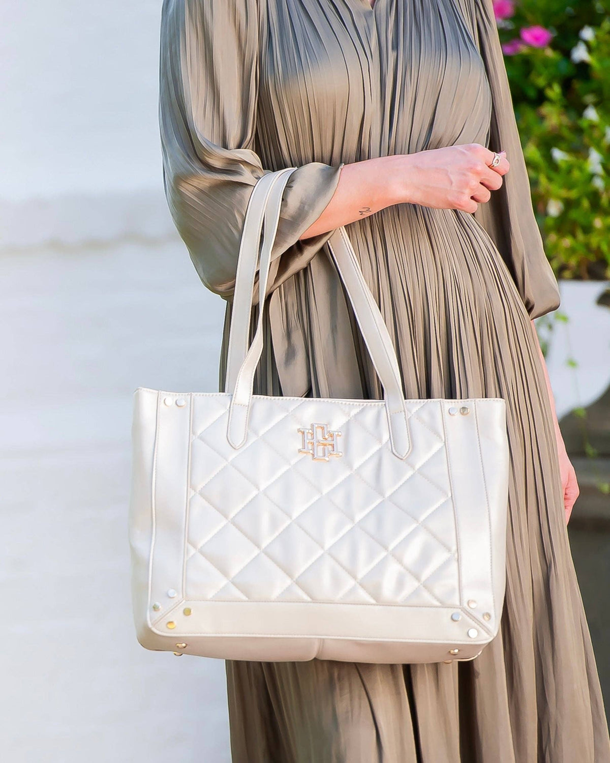 Caroline Hill Studded Tote Pearl