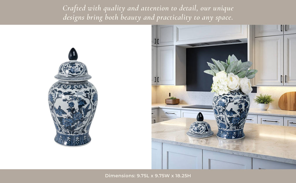 Decorative Vase - Blue Ceramic Flowers Temple, 19 in.