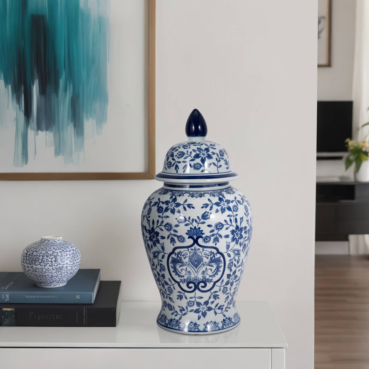 Temple Jar - White/Blue Ceramic Chinoiserie Charm, 18 in.