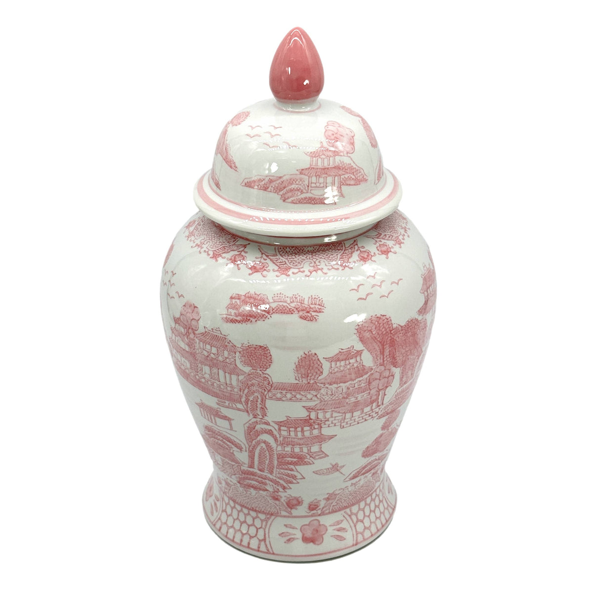 Pink & White Chinoiserie Ceramic Jar 18"