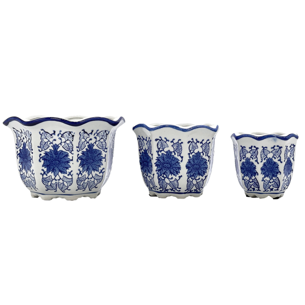 Blue & White Floral Ceramic Pots Ruffled Lip