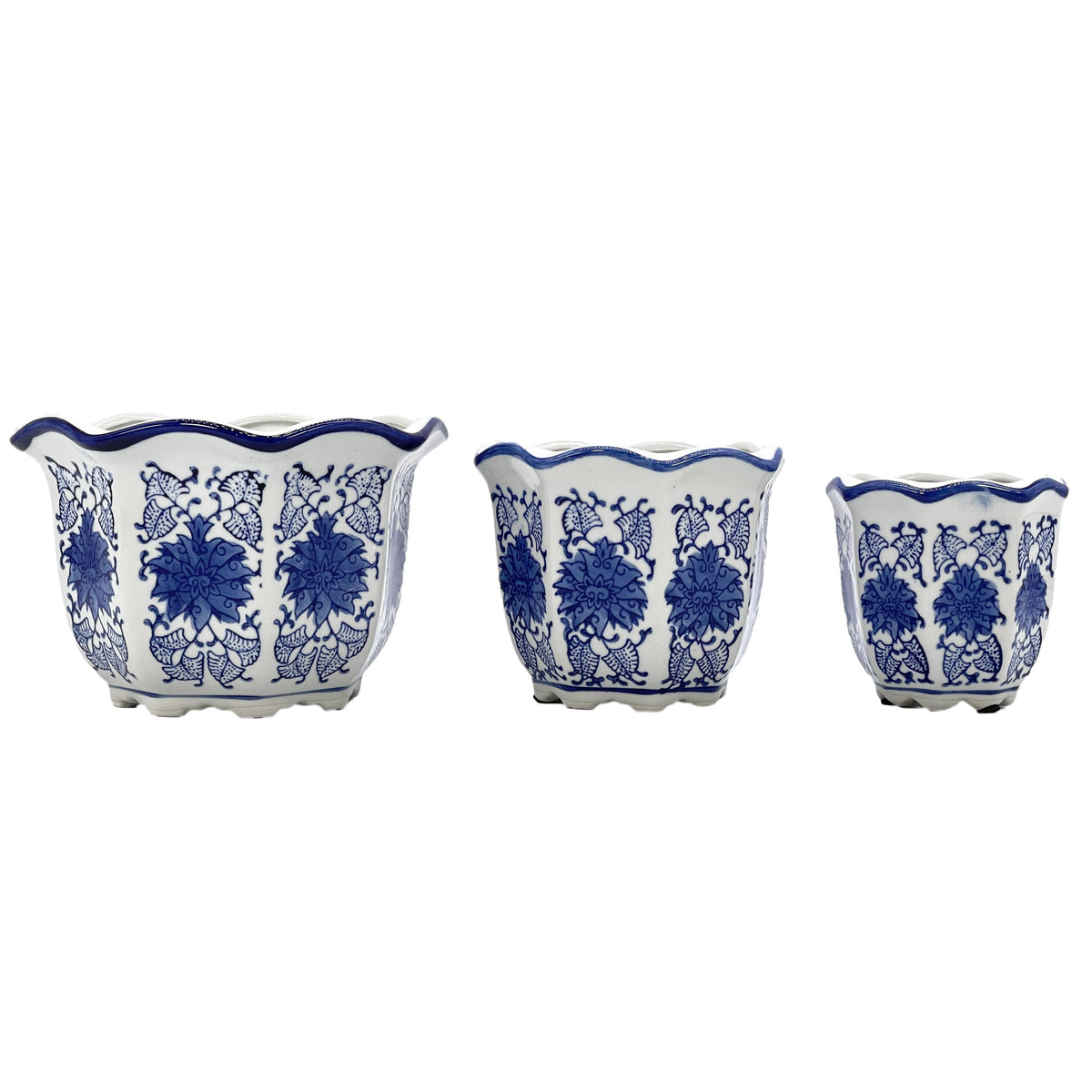 Blue & White Floral Ceramic Pots Ruffled Lip