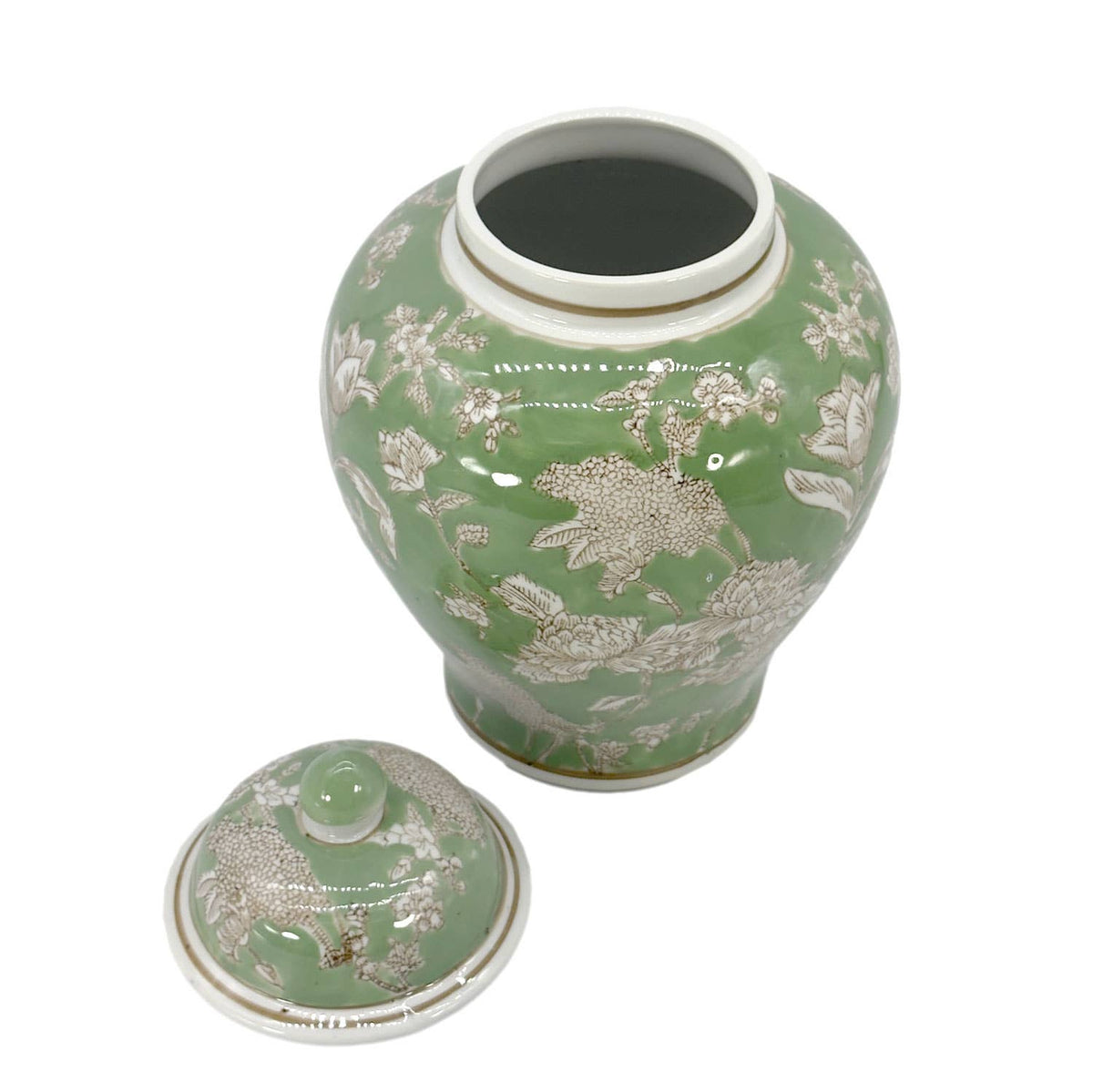 Green & White  Floral Peony Ceramic Chinoiserie Jar 12"
