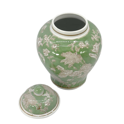 Green & White  Floral Peony Ceramic Chinoiserie Jar 12"