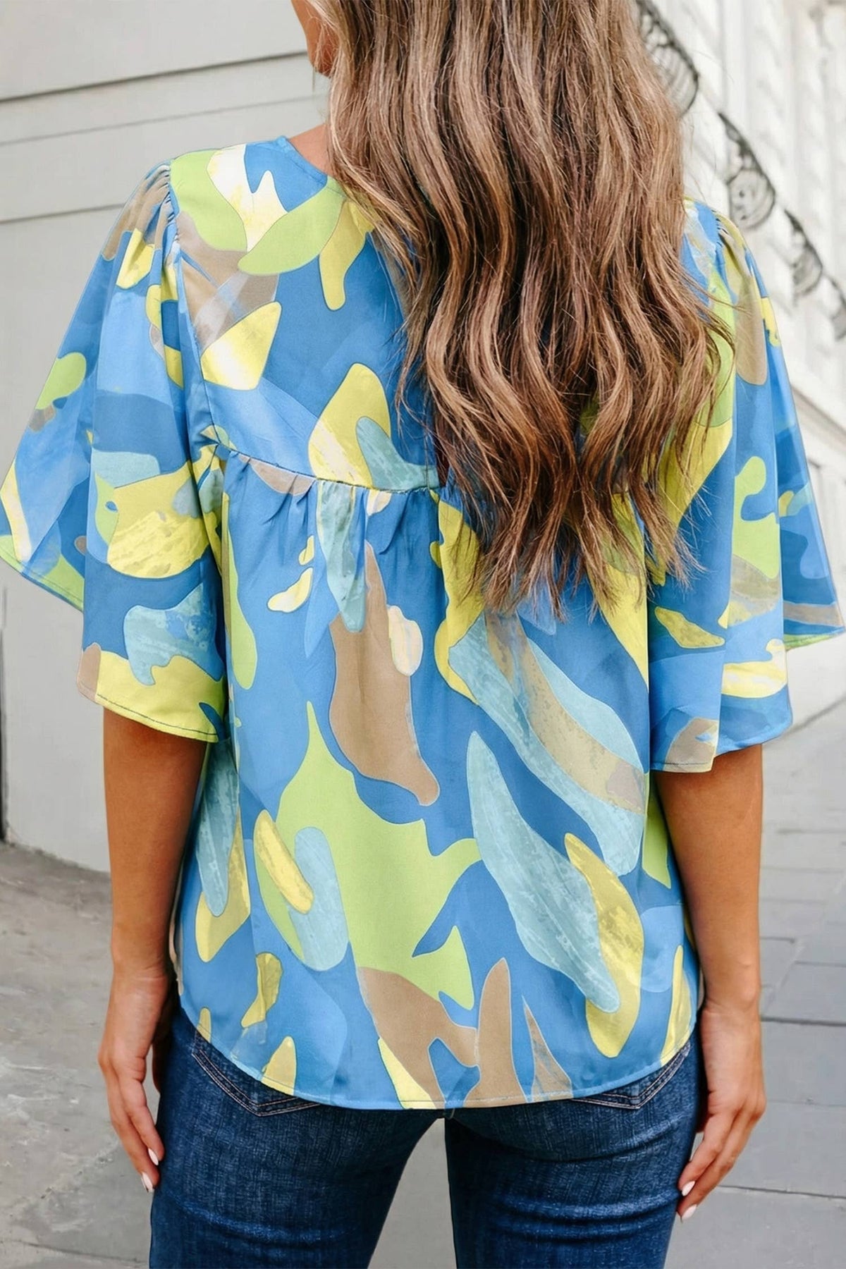 Abstract Print Wide Sleeve  Blouse