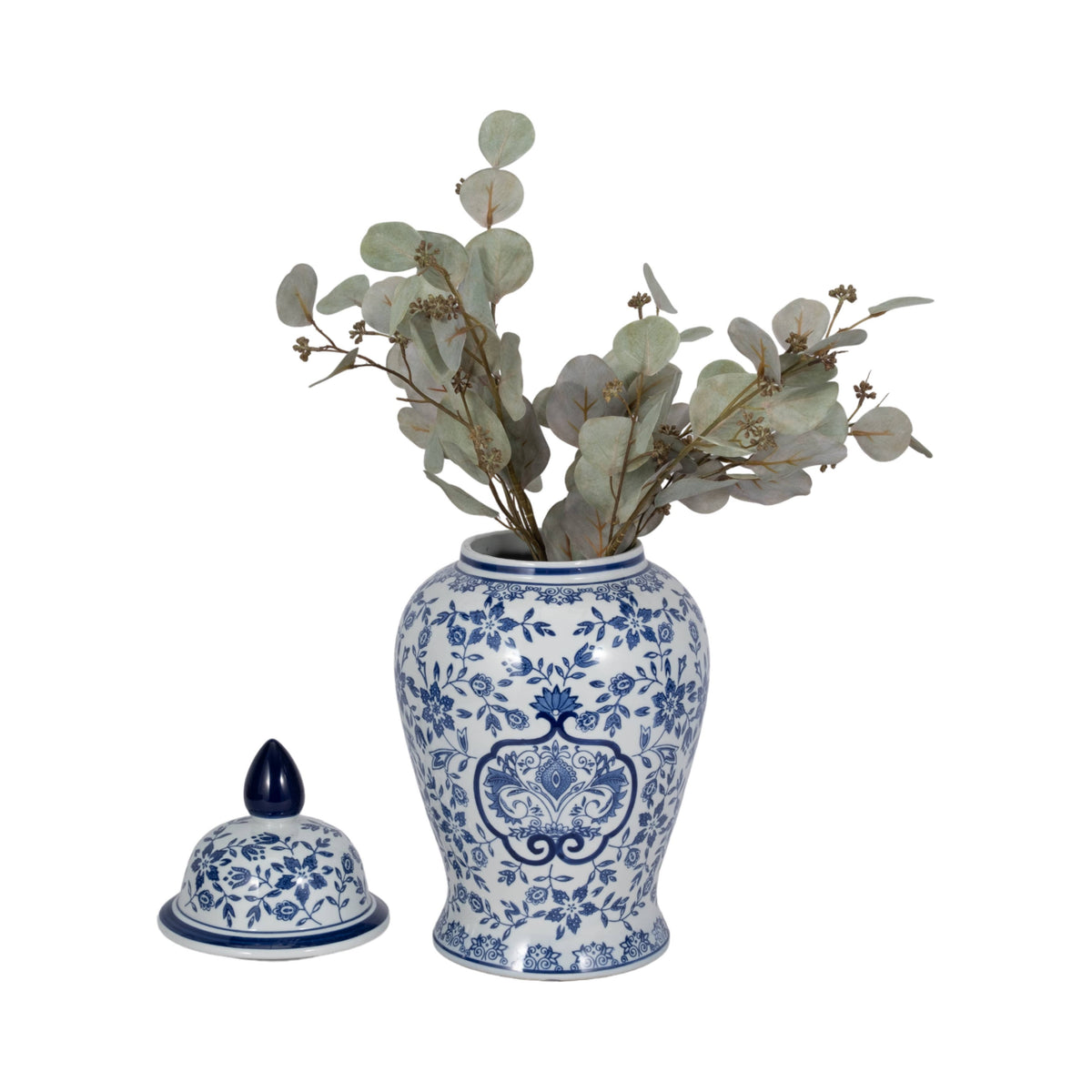 Temple Jar - White/Blue Ceramic Chinoiserie Charm, 18 in.