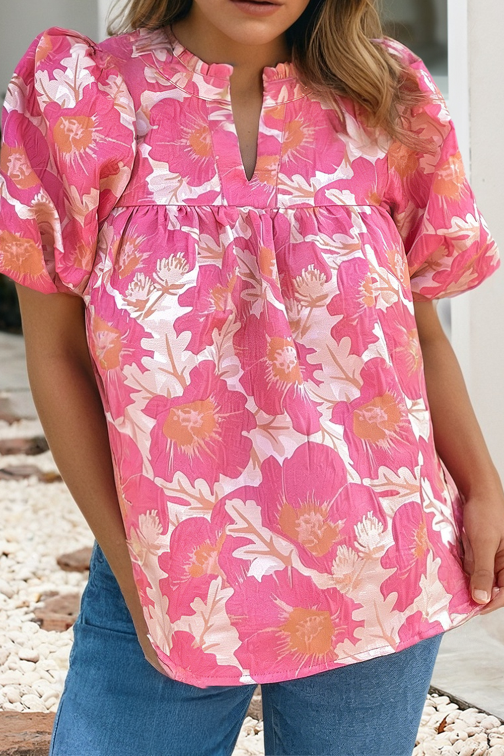 Floral Short Bubble Sleeve Top