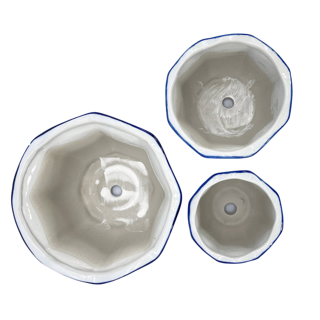 Blue & White Floral Ceramic Pots Ruffled Lip