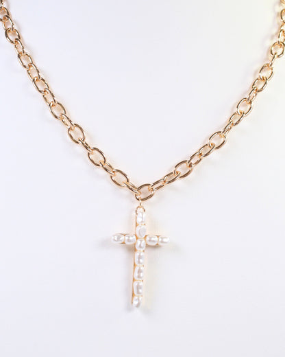 Caroline Hill Gold Pearl Cross Necklace