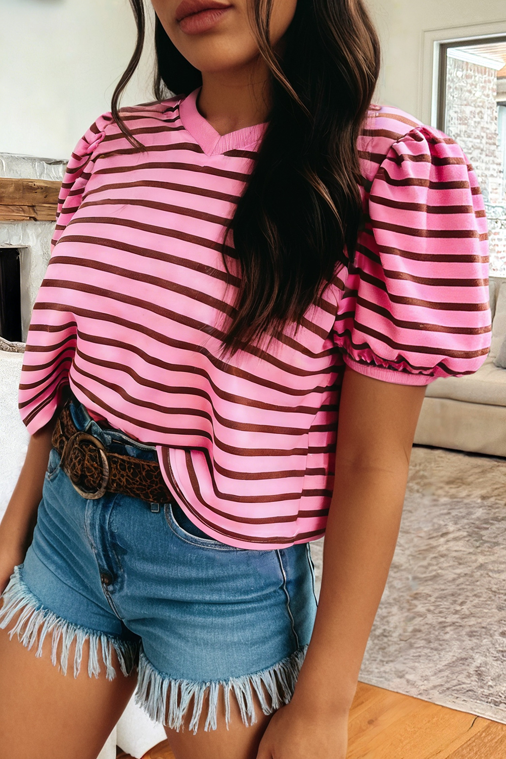 Stripe V Neck Short Puff Sleeve Tee