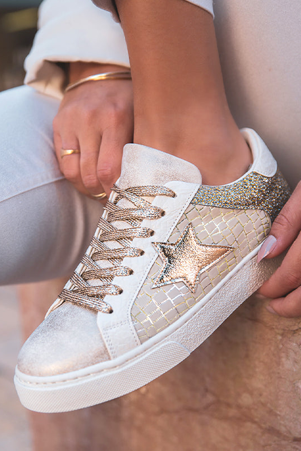 Glitter Star Patchwork PU Leather Lace-up Sneakers: Gold