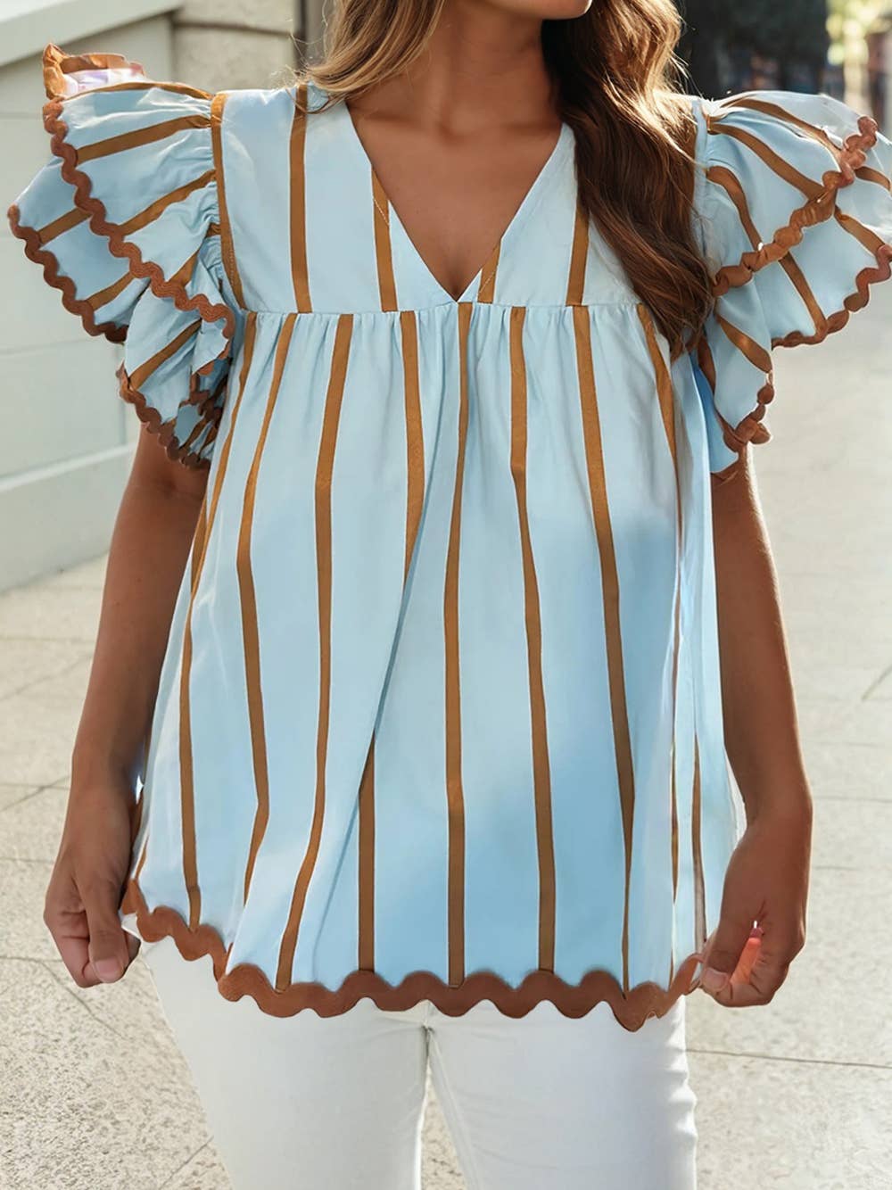 Ricrac Trim Ruffled Short Sleeve V Neck