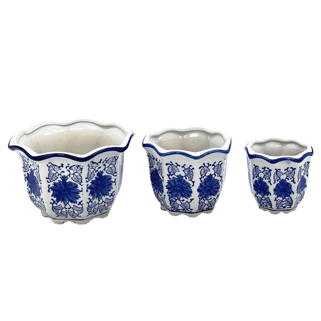 Blue & White Floral Ceramic Pots Ruffled Lip