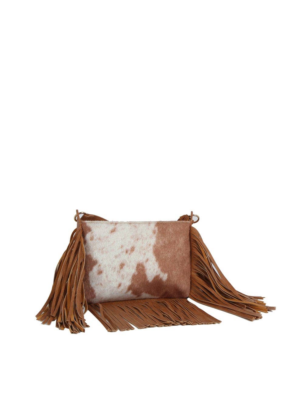 Suede Cow Print Fringe Crossbody: Brown