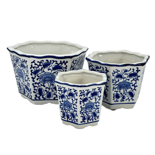 Blue & White Hexagon Floral Ceramic Ruffled Lip