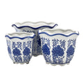 Blue & White Floral Ceramic Pots Ruffled Lip