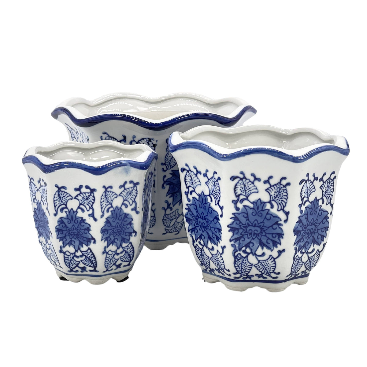 Blue & White Floral Ceramic Pots Ruffled Lip