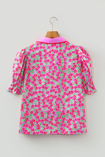 Floral Collared V-Neck Puff Sleeve