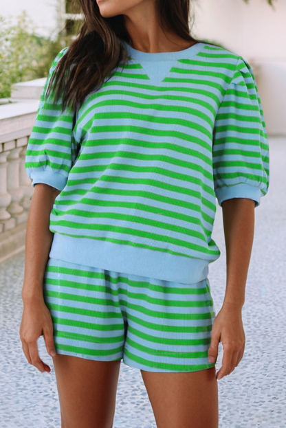 Plus Stripe Puff Sleeve Shirt & Shorts
