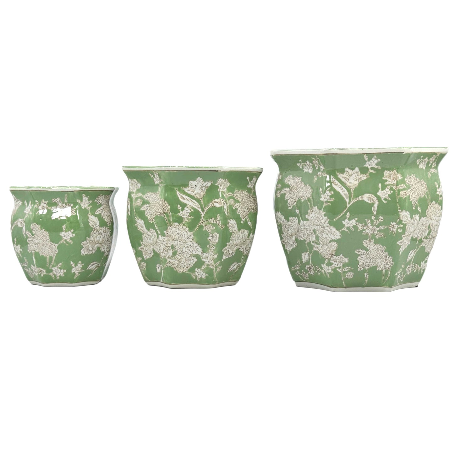 Ceramic Chinoiserie Planter Round Hex Green