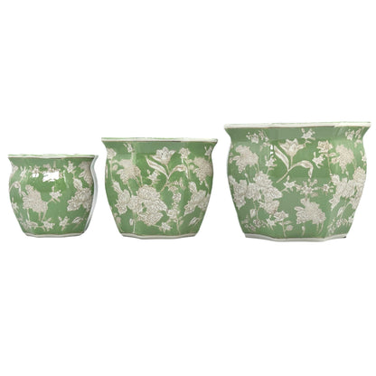 Ceramic Chinoiserie Planter Round Hex Green