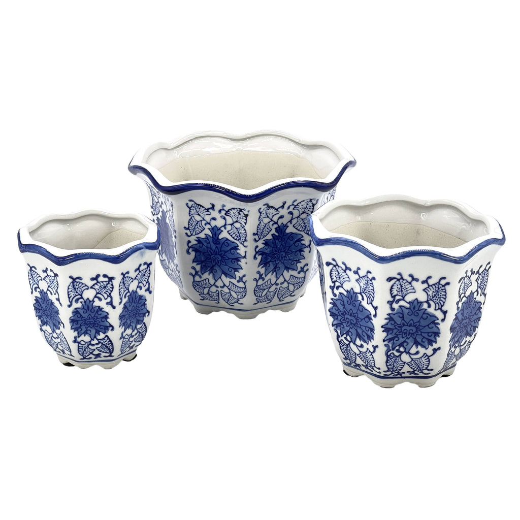 Blue & White Floral Ceramic Pots Ruffled Lip