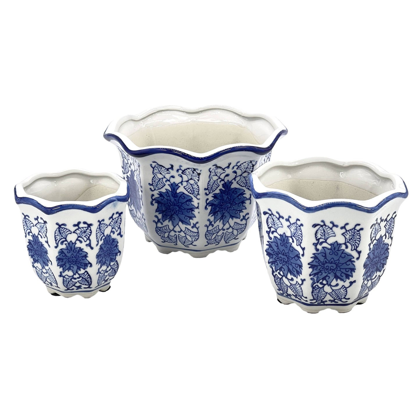 Blue & White Floral Ceramic Pots Ruffled Lip