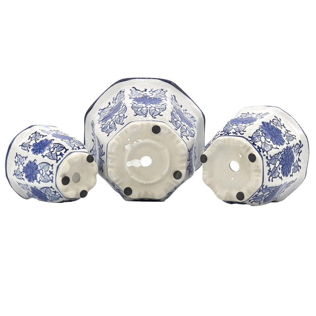 Blue & White Floral Ceramic Pots Ruffled Lip