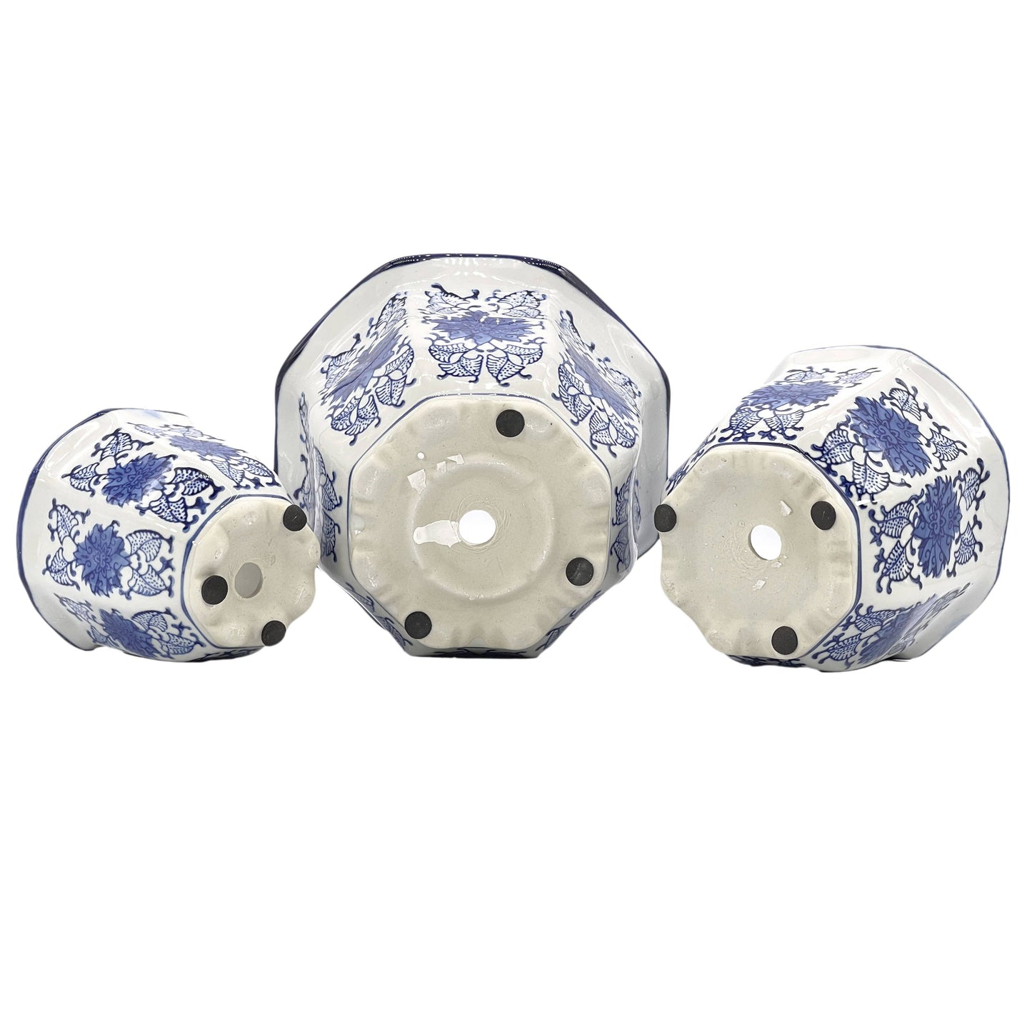 Blue & White Floral Ceramic Pots Ruffled Lip