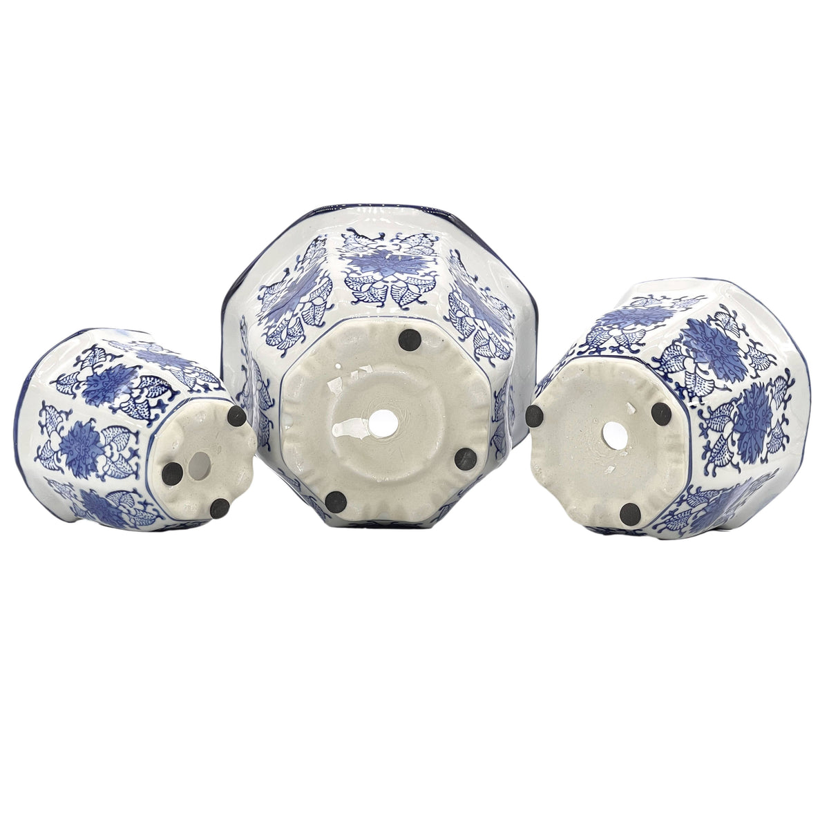 Blue & White Floral Ceramic Pots Ruffled Lip