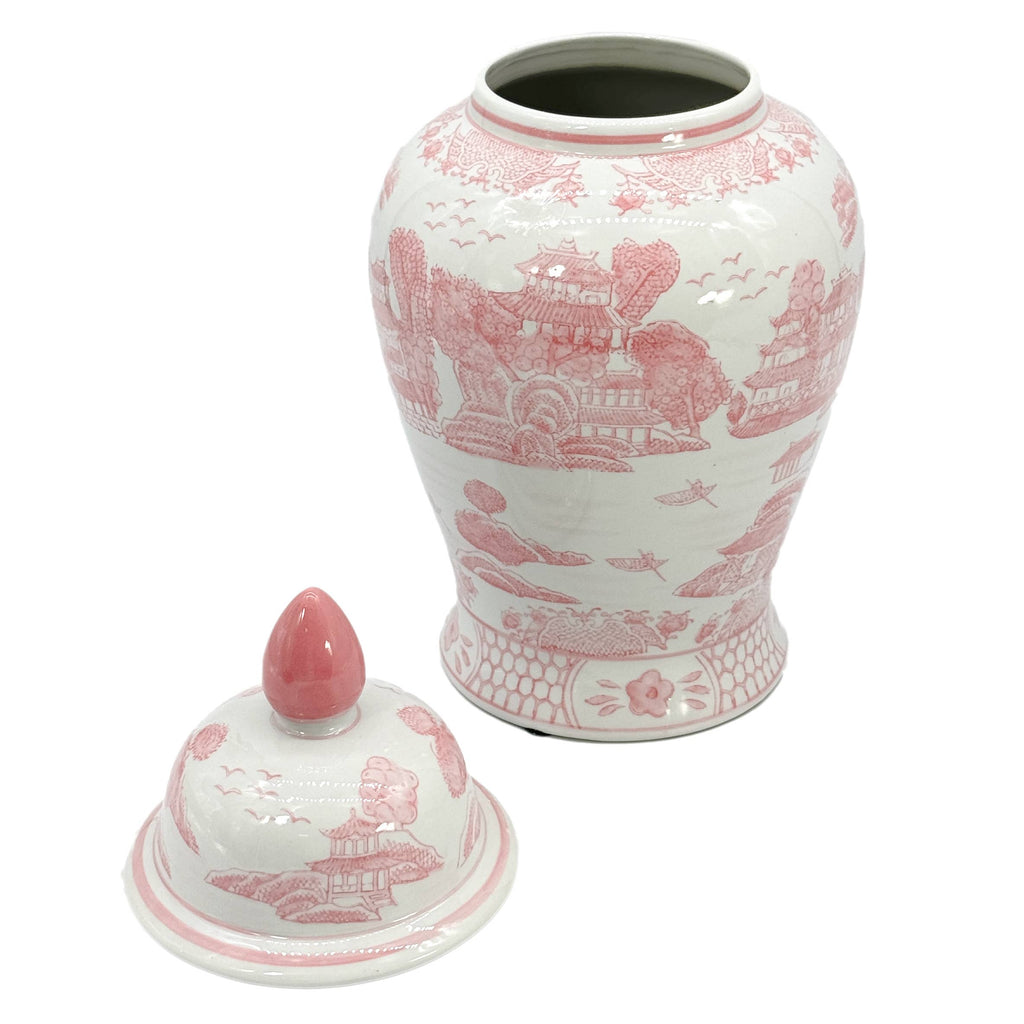 Pink & White Chinoiserie Ceramic Jar 18"