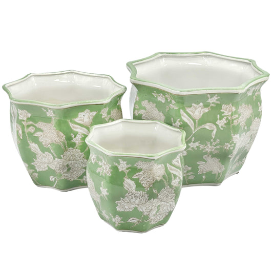 Ceramic Chinoiserie Planter Round Hex Green